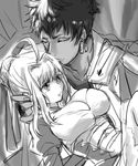  1boy 1girl ahoge armor breasts caligula_(fate/grand_order) cleavage earrings eyes_closed fate/extra fate/grand_order fate_(series) hair_bun monochrome open_mouth saber_extra short_hair uncle_and_niece 