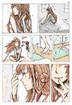  adjusting_hair ahoge alternate_costume bed bed_sheet blanket brown_hair carpet comic commentary_request double_bun fairy_(kantai_collection) flying_sweatdrops glass_door hair_blowing hair_down highres japanese_clothes kantai_collection kongou_(kantai_collection) long_hair long_sleeves mirror multiple_girls nontraditional_miko purple_eyes school_uniform serafuku short_hair sliding_doors towel water wet window yamada_rei_(rou) yawning 