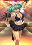  1girl bare_legs breasts curvy female green_eyes green_hair ikkitousen large_breasts looking_at_viewer ryofu_housen shiny_skin skirt smile twintails 