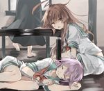  ahoge brown_eyes brown_hair chibirisu closed_eyes commentary_request fang head_on_table head_rest indoors kantai_collection kuma_(kantai_collection) long_hair lying multiple_girls neckerchief on_floor on_side open_mouth purple_hair red_neckwear school_uniform short_hair shorts sitting table tama_(kantai_collection) translation_request twitter_username 