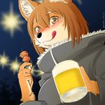  5_fingers akita akita_inu alcohol anthro bangs beer beverage big_breasts black_coat black_nose breasts brown_eyes brown_hair canine clothing coat cup digital_media_(artwork) dog eyelashes female fingernails flying_witch fur fur_trim hair humanoid_hands inner_ear_fluff inukai_(flying_witch) kemono long_fingernails long_sleeves looking_at_viewer mammal mouth_closed multicolored_fur neko_chiyo night night_sky outside short_hair sky smile solo tan_fur tongue tongue_out wide_sleeves 