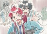  black_hair blazer brothers camera carrying ensemble_stars! green_eyes isara_mao jacket jolaeng-i male_focus multiple_boys necktie pants piggyback pink_hair plaid plaid_pants red_eyes sakuma_rei_(ensemble_stars!) sakuma_ritsu school_uniform short_hair siblings smile wavy_hair yumenosaki_school_uniform 