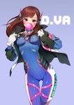  acronym animal_print ass_visible_through_thighs bangs blue_background blue_bodysuit bodysuit boots bracer breasts breasts_apart brown_eyes brown_hair bubble_blowing bunny_print character_name chewing_gum clothes_writing cowboy_shot d.va_(overwatch) eyebrows_visible_through_hair facepaint facial_mark gloves hands_up headphones highres jacket legs_together long_hair long_sleeves medium_breasts open_clothes open_jacket overwatch pauldrons pilot_suit ribbed_bodysuit shoulder_pads simple_background skin_tight solo sumino_akasuke thigh_boots thigh_gap thighhighs turtleneck whisker_markings white_footwear white_gloves 