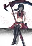  anonamos bare_shoulders black_hair blue_eyes boots crescent_rose highres jacket looking_at_viewer ruby_rose rwby scythe short_hair sitting smile thighhighs weapon 