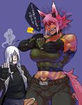  absurd_res big_breasts breasts canine clothing cybernetics cyborg dantera_rina(hutago) duo face_paint female gloves hair hi_res human hutago invalid_tag long_hair machine male mammal muscular nipples scar short_hair simple_background teeth torn_clothing 