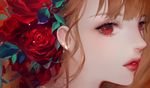  dadachyo eyelashes face flower hair_flower hair_ornament lips looking_at_viewer nose orange_hair original portrait red_eyes red_flower red_lips red_rose rose solo thick_lips 