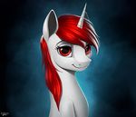  blue_background equine eyebrows eyelashes fan_character female feral hair horn l1nkoln mammal my_little_pony red_eyes red_hair simple_background smile solo unicorn 