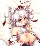  animal_ears bare_shoulders blush breasts breasts_outside detached_sleeves hat highres inubashiri_momiji looking_at_viewer lying medium_breasts nipples open_mouth ouma_tokiichi pom_pom_(clothes) puffy_nipples red_eyes ribbon-trimmed_sleeves ribbon_trim short_hair silver_hair solo tokin_hat touhou wolf_ears 