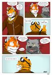  anthro beverage blackmailz collar comic dialogue english_text eye_patch eyewear feline food fur gray_(character) hector hi_res ivan_(blackmailz) laugh male mammal sad scar sitting text 