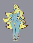  anthro areola big_breasts bikini blonde_hair blue_body blush bracelet breasts clothed clothing female footwear hair high_heels jewelry liveforthefunk long_hair mega_manectric shoes skimpy solo standing swimsuit 