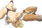  2girls ass bent_knees blonde_hair blue_eyes breasts clenched_teeth crotch_grab curvy dark_skin earrings elbow_pads fingerless_gloves hair_up highleg_leotard karen_adams knee_pads large_breasts leotard lipstick long_hair lying multiple_girls muscle nappii_(nappy_happy) nappy_happy original ponytail shiny_skin silver_hair silvia_bloodstone simple_background single_earring submission_hold sweat tattoo thong_leotard white_background wince wrestling wristband 
