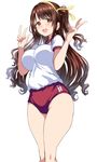  bad_id bad_nicoseiga_id bangs breasts brown_eyes brown_hair buruma double_v gorua_(youce01) gym_uniform half_updo heavy_breathing idolmaster idolmaster_cinderella_girls large_breasts legs_together long_hair looking_at_viewer one_side_up open_mouth shimamura_uzuki shiny shiny_hair short_sleeves simple_background smile standing sweat thighs v white_background 