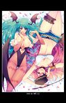  2girls bare_shoulders breasts cleavage demon_girl final_fight green_hair large_breasts leotard long_hair monster monster_girl morrigan_aensland multiple_girls pink_hair poison_(final_fight) street_fighter succubus vampire_(game) 