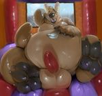 2017 anthro balls belly big_belly black_lips black_nose black_pawpads bounce_house canine claws coyote detailed_background digital_drawing_(artwork) digital_media_(artwork) fullheroo inflatable living_inflatable looking_at_viewer male mammal nude open_mouth overweight pawpads paws penis pool_toy red_penis rubber shiny smile solo toe_claws toes 
