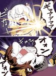  2koma ahoge beret chibi comic commentary_request covering_eyes crying crying_with_eyes_open epaulettes flashlight hat headgear ishii_hisao kantai_collection kashima_(kantai_collection) kongou_(kantai_collection) military military_uniform multiple_girls open_mouth pleated_skirt silver_hair skirt tears translated twintails uniform wavy_hair 