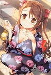  bangs blush bow bowtie breasts brown_eyes brown_hair cleavage collarbone eyebrows_visible_through_hair floral_print highres holding japanese_clothes kimono large_breasts long_hair looking_at_viewer obi original outdoors sandals sash smile solo squatting twintails wide_sleeves yan-yam 