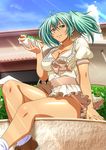  1girl bare_legs breasts dress female food green_eyes green_hair ikkitousen large_breasts looking_at_viewer ryofu_housen shiny_skin shoes sitting smile twintails 