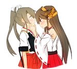  atsushi_(aaa-bbb) bare_shoulders blush brown_hair commentary detached_sleeves eyebrows_visible_through_hair from_side hairband hands_on_another's_face haruna_(kantai_collection) headgear japanese_clothes kantai_collection long_hair looking_at_another multiple_girls nontraditional_miko parted_lips profile remodel_(kantai_collection) simple_background sweat twintails white_background yuri zuikaku_(kantai_collection) 