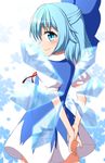  arms_behind_back blue_eyes blue_hair blush bow cirno commentary dress hair_bow highres ice ice_wings large_bow puffy_short_sleeves puffy_sleeves short_hair short_sleeves smile snowflakes solo teoi_(good_chaos) touhou wings 