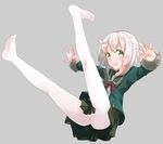  blonde_hair bow bowtie comah fur_trim green_eyes green_jacket green_skirt grey_background jacket kantai_collection legs_up long_sleeves looking_at_viewer open_mouth pantyhose pleated_skirt red_bow red_neckwear shimushu_(kantai_collection) short_hair simple_background skirt smile solo white_legwear 