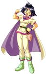  90s amelia_wil_tesla_seyruun araizumi_rui blue_eyes boots bracelet cape clenched_hands hand_on_hip jewelry looking_at_viewer official_art one_eye_closed open_mouth purple_hair short_hair simple_background slayers white_background 