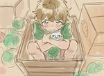  blue_eyes brown_hair cabbage child ensemble_stars! food jolaeng-i male_focus object_hug shorts sitting solo stuffed_toy takamine_midori tears vegetable wooden_box younger 