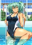  1girl breasts female green_eyes green_hair ikkitousen large_breasts looking_at_viewer one-piece_swimsuit ryofu_housen shiny_skin smile swimsuit twintails water 