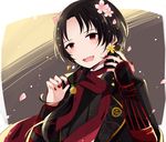  brown_hair earrings fang flower hair_flower hair_ornament jewelry kashuu_kiyomitsu male_focus mole mole_under_mouth nail_polish open_mouth petals ponytail red_eyes red_nails scarf smile touken_ranbu uguisu_mochi_(ykss35) 