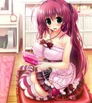  blush breasts dress floral_print green_eyes halterneck handheld_game_console highres holding indoors large_breasts long_hair no_shoes official_art open_mouth oshiki_hitoshi polka_dot polka_dot_dress red_hair sakigake_generation! sitting solo striped striped_legwear yukinomiya_anon 