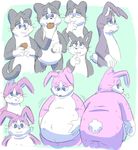  2017 anthro belly big_belly cat digital_drawing_(artwork) digital_media_(artwork) easter eating feline food fur grey_fur holidays intoxicat2 lagomorph male mammal multicolored_fur nude overweight pink_fur rabbit sequence simple_background solo sweat toxi transformation two_tone_fur weight_gain white_fur 