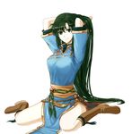  arms_up boots breasts delsaber dress fire_emblem fire_emblem:_rekka_no_ken green_eyes green_hair hair_between_eyes hair_down hand_in_hair long_hair looking_at_viewer lyndis_(fire_emblem) medium_breasts pelvic_curtain short_sleeves side_slit simple_background sitting smile solo turtleneck very_long_hair wariza white_background 