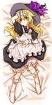  apron black_dress blonde_hair bloomers blush bobby_socks commentary_request dress frown hand_on_forehead hand_on_own_stomach hat hat_ribbon kirisame_marisa looking_at_viewer lying manarou on_back on_bed ribbon socks solo the_embodiment_of_scarlet_devil touhou underwear wavy_hair witch_hat wrist_cuffs yellow_eyes 