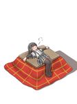  arm_warmers asashio_(kantai_collection) black_hair blue_eyes boots comiching commentary_request full_body kantai_collection kotatsu lying on_back pleated_skirt pout school_uniform skirt solo suspenders table thigh_boots thighhighs zettai_ryouiki 