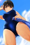  bangs black_eyes black_hair blue_sky blue_swimsuit blurry blurry_background blush breasts cloud day eyebrows eyebrows_visible_through_hair highres holding looking_at_viewer matsunaga_kouyou medium_breasts one-piece_swimsuit open_mouth original short_hair sky solo swimsuit thighs wet 