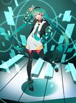  absurdres adapted_costume bangs black_legwear buttons collared_shirt drill_hair eyebrows_visible_through_hair full_body green_eyes green_hair green_jacket green_nails hand_in_pocket hatsune_miku headphones highres jacket leg_up legs_apart letterman_jacket lips long_hair long_sleeves looking_at_viewer nail_polish open_clothes open_jacket open_mouth pantyhose red_nails shirt shoelaces smile solo standing standing_on_one_leg sumino_akasuke teeth twin_drills twintails upper_teeth v very_long_hair vocaloid w white_shirt wing_collar 