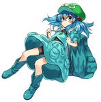  aqua_eyes backpack bag bike_shorts blue_eyes blush boots commentary_request frown full_body hair_bobbles hair_ornament hat kawashiro_nitori key looking_at_viewer manarou rubber_boots solo touhou two_side_up white_background 