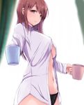  bangs black_panties blurry blurry_background breasts brown_eyes brown_hair coffee_mug commentary_request cup curtains dress_shirt drink eyebrows_visible_through_hair giving highres holding idolmaster idolmaster_cinderella_girls large_breasts long_hair looking_at_viewer looking_to_the_side mifune_miyu mug navel panties ryuu. shirt smile solo unbuttoned underboob underwear white_shirt 