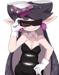  1girl ;) adjusting_hair aori_(splatoon) bangs bare_shoulders black_hair blush breasts cleavage collarbone commentary_request dress earrings fang g_perarikku gloves hair_ornament half-closed_eyes jewelry long_hair looking_at_viewer medium_breasts mole mole_under_eye one_eye_closed pointy_ears simple_background smile solo splatoon_(series) splatoon_2 strapless strapless_dress sunglasses swept_bangs tentacle_hair white_background white_gloves 