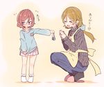 age_difference alternate_hair_length alternate_hairstyle apron blush bow brown_hair closed_eyes commentary denim flying_sweatdrops food hair_bow hands_together jeans kindergarten_teacher kindergarten_uniform koizumi_hanayo long_sleeves love_live! love_live!_school_idol_project low_ponytail multiple_girls name_tag nishikino_maki older onigiri origami pants popii_(yuuta679) purple_eyes red_hair ribbed_sweater shirt_tug slippers socks squatting sweater time_paradox translated younger 