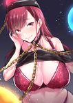  bare_shoulders black_shirt bra breasts chain cleavage collar collarbone curvy hecatia_lapislazuli lace lace-trimmed_bra large_breasts long_hair looking_at_viewer nooca panties plump polos_crown red_bra red_eyes red_hair red_panties shirt shirt_lift smile solo t-shirt touhou underwear upper_body 