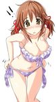  1girl bare_arms bikini blush breasts brown_eyes brown_hair cleavage commentary_request eyebrows_visible_through_hair hair_between_eyes hair_ribbon highres idolmaster idolmaster_cinderella_girls large_breasts looking_at_viewer natsu_(anta_tte_hitoha) navel nose_blush open_mouth plaid plaid_bikini ribbon simple_background solo standing swimsuit totoki_airi twintails white_background 
