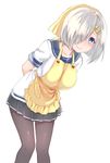  apron arms_behind_back asaoka_(0x0) blue_eyes blush breasts collarbone feet_out_of_frame hair_ornament hair_over_one_eye hairclip hamakaze_(kantai_collection) kantai_collection large_breasts leaning_forward looking_at_viewer pantyhose pleated_skirt school_uniform serafuku short_hair short_sleeves silver_hair simple_background skirt smile solo white_background 