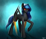  blue_hair ear_piercing equine eyelashes fan_character feral gradient_background hair hooves hybrid l1nkoln mammal my_little_pony piercing red_eyes simple_background solo standing 