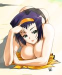  ass beach black_panties breast_rest breasts cleavage cowboy_bebop faye_valentine green_eyes hairband large_breasts leymei light lying orange_hairband panties purple_hair sand short_hair smile solo topless underwear 