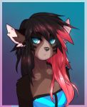  anthro black_hair blue_eyes breasts brown_fur bust_portrait cleavage clothed clothing ear_piercing facial_markings female fur gradient_background hair looking_aside markings multicolored_hair piercing portrait red_hair simple_background solo two_tone_hair unknown_species waitress_(artist) 