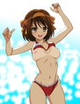  :d a1 absurdres arms_up bikini bikini_lift bikini_tan breasts brown_eyes brown_hair groin hair_ribbon hairband highres medium_breasts navel nipples non-web_source open_mouth orange_hairband ribbon short_hair smile solo suzumiya_haruhi suzumiya_haruhi_no_yuuutsu sweat swimsuit tan tanline v-shaped_eyebrows wardrobe_malfunction 