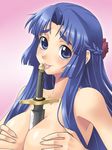  asakura_ryouko breasts cleavage half_updo knife large_breasts licking nude solo suzumiya_haruhi_no_yuuutsu yaso_shigeru 