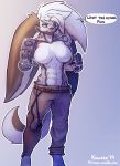  2019 abs anthro belt big_breasts big_ears blue_eyes breasts clothed clothing conditional_dnp cybernetic_arm disgusted featureless_breasts female fur hair hybrid kawfee muscular muscular_female open_mouth pants partially_clothed patreon reaction_image scar simple_background solo standing text topless white_hair wounded 