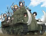  alternate_costume arrow bangs black_eyes black_hair black_ribbon blue_eyes blue_hair bow_(weapon) brown_eyes brown_hair caterpillar_tracks closed_mouth cloud cloudy_sky commentary day driving dust_cloud girls_und_panzer glasses ground_vehicle hair_ribbon holding holding_bow_(weapon) holding_weapon kakizaki_(chou_neji) kneeling long_hair m3_lee maruyama_saki metal_max military military_vehicle motor_vehicle multiple_girls one_eye_closed oono_aya outdoors parted_bangs polearm ribbon riding round_eyewear sakaguchi_karina sawa_azusa short_hair sky smoke spear tank torch tusks twintails utsugi_yuuki weapon yamagou_ayumi 