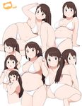  :d :o accio ass belly bikini blush breasts brown_hair cleavage commentary_request fat fat_folds hair_ribbon highres index_finger_raised kneeling long_hair looking_at_viewer lying medium_breasts muffin_top multiple_views navel on_side open_mouth original plump ribbon sitting smile string_bikini surprised sweatdrop swimsuit tanuma_miyuki thick_thighs thighs v wavy_mouth white_background white_bikini 